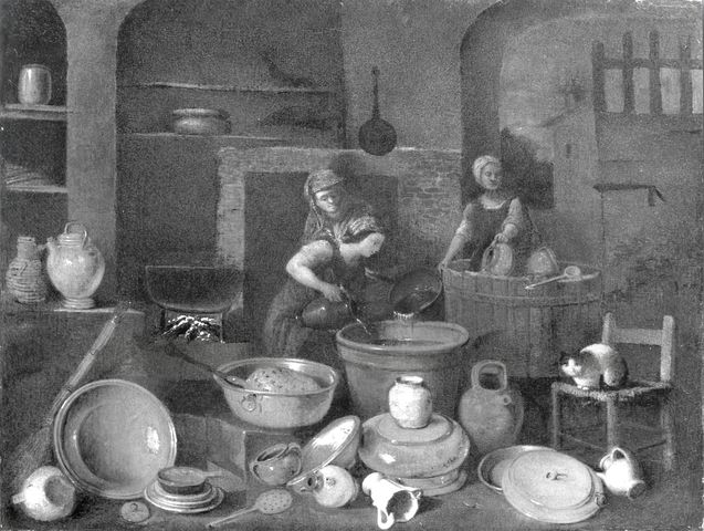 Anonimo — Valentino Giovan Domenico - sec. XVII/ XVIII - Interno di cucina con stoviglie, tinozza e figure femminili — insieme